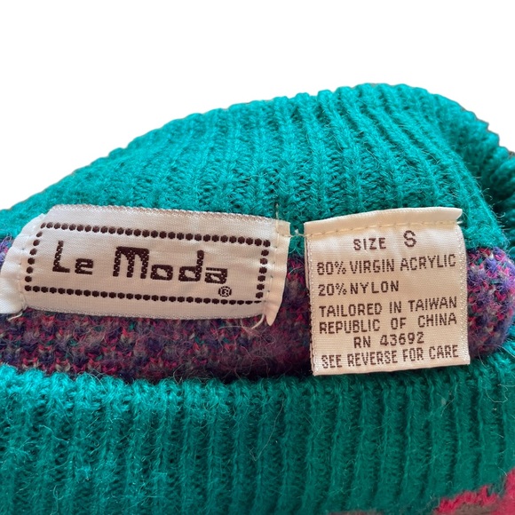 Le Moda Vintage 90s Bright Teal Pink Tropical Coastal Boho Floral Leafy Sweater - Picture 6 of 6